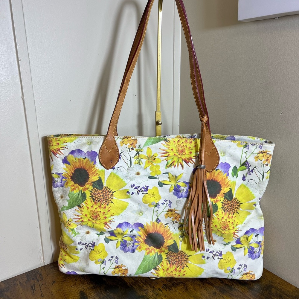 Sunflower Floral Tote with Tan Leather Tassel - Yellow